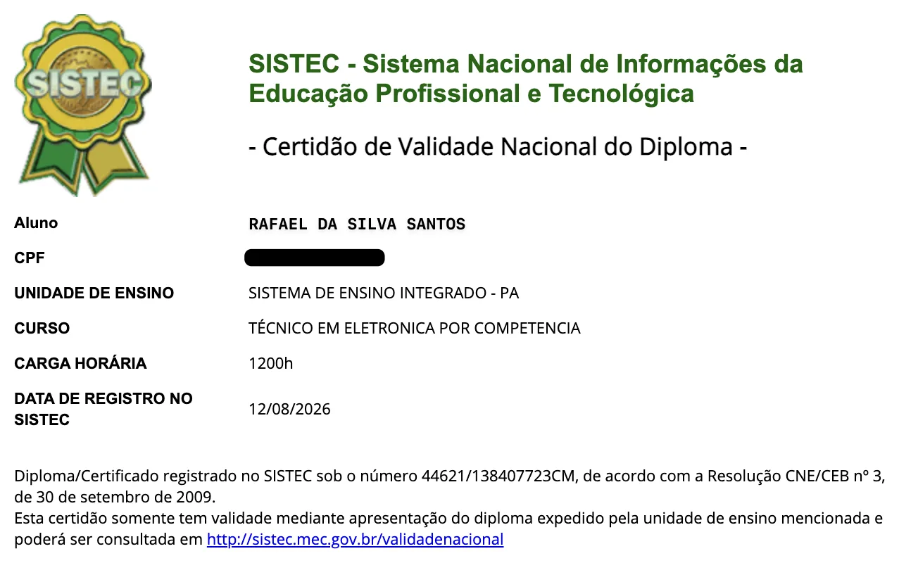 Certidão de validade nacional do diploma no SISTEC - Técnico em Eletrônica por Competência