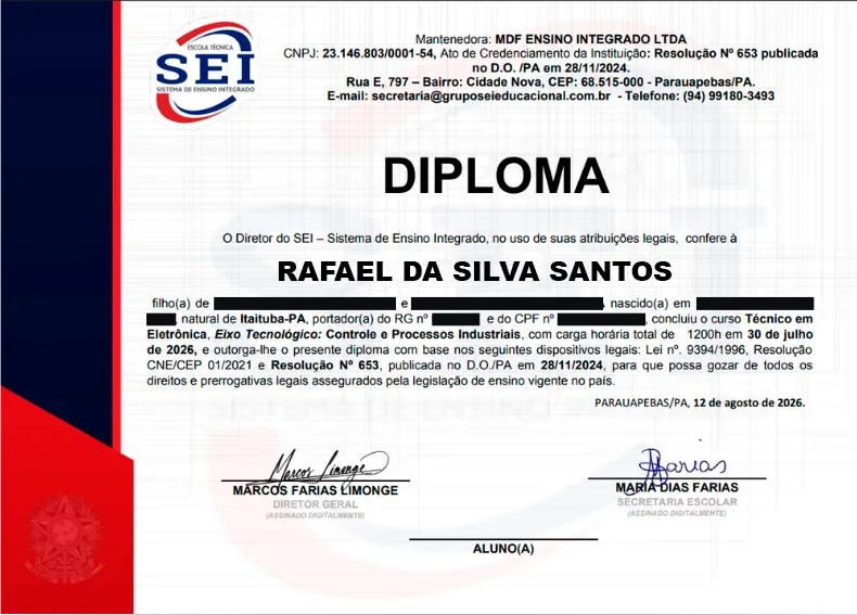 Modelo de diploma de Técnico em Eletrônica emitido pelo SEI