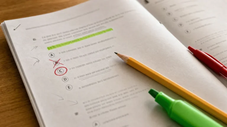 Caderno de questões aberto e corrigido, com uma alternativa errada riscada em vermelho, a correta circulada e o enunciado marcado com marca-texto verde
