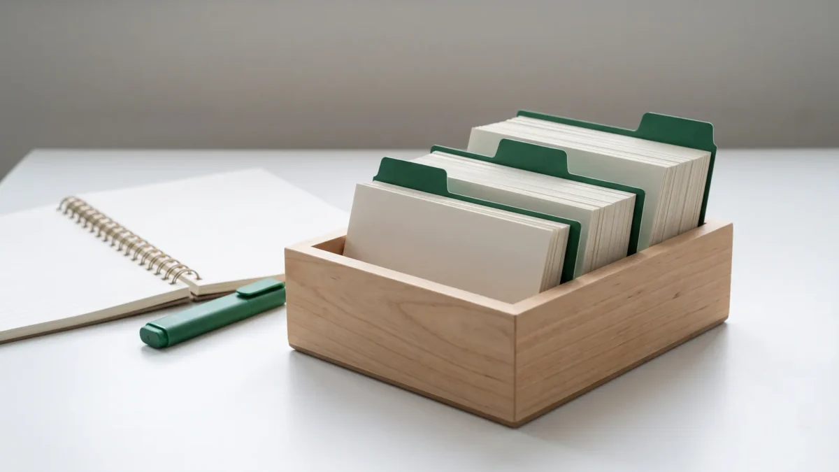 Caixa de madeira aberta com fichas de estudo separadas por divisórias verdes em intervalos crescentes, ao lado de um caderno espiral aberto e de um marca-texto verde.