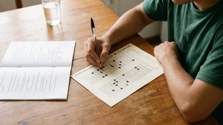 Cartão-resposta de simulado sendo preenchido com caneta esferográfica sobre uma mesa de madeira, ao lado de um caderno de prova fino e grampeado e de um copo d'água.