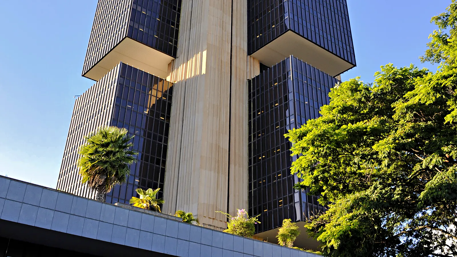 Edifício-sede do Banco Central do Brasil, em Brasília, visto de baixo, com a torre de vidro escuro e colunas bege sob céu azul e árvores no primeiro plano.